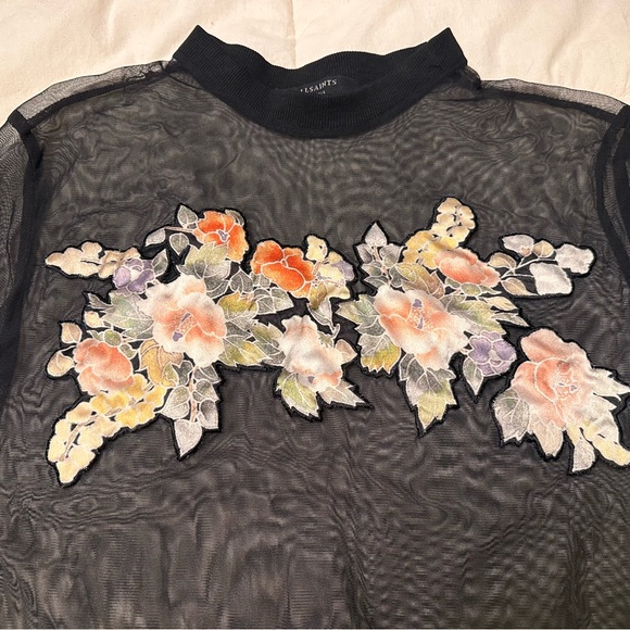 AllSaints Keera Black Sheer Mesh dress with Ribbed Neckline - Picture 2 of 6